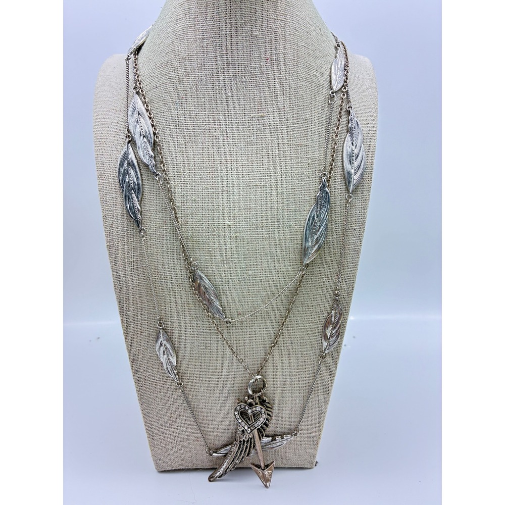 Silver Tone Layered Necklace Lot Feather Station and Wing Arrow Heart Charms
